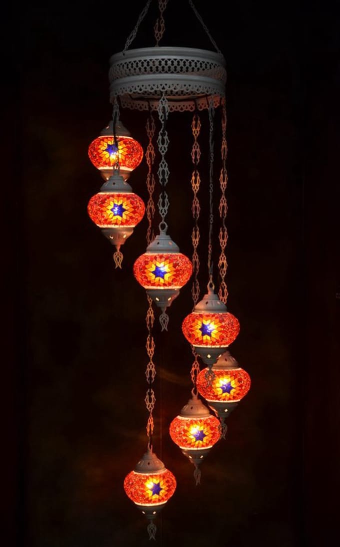 Hanglamp multicolour roos glas mozaïek Oosterse lamp kroonluchter Crèmewit 7 bollen