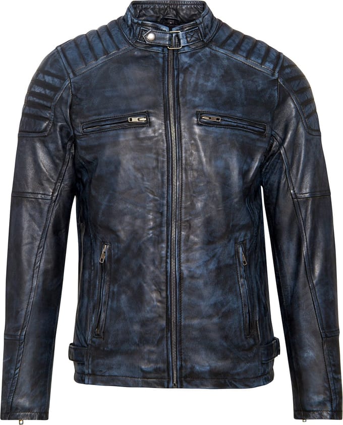 Urban 5884® - Ralph - Biker Jack - Denim Blauw -Heren jas - Lams Leer - Jas - Maat L
