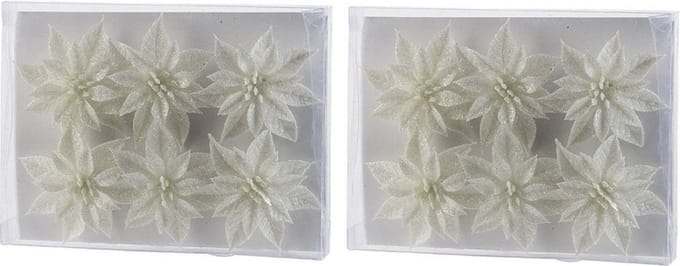 18x Kerstboomversiering witte glitter bloemen op steker - kerstboom decoratie - wit kerstversieringen