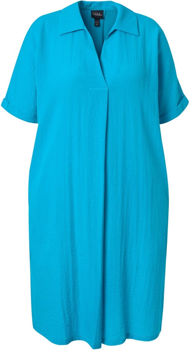 Ulla Popken - Dames - Mini-jurk oversized overhemdkraag V-hals halve mouwen - Aqua turquoise - Maat 54+