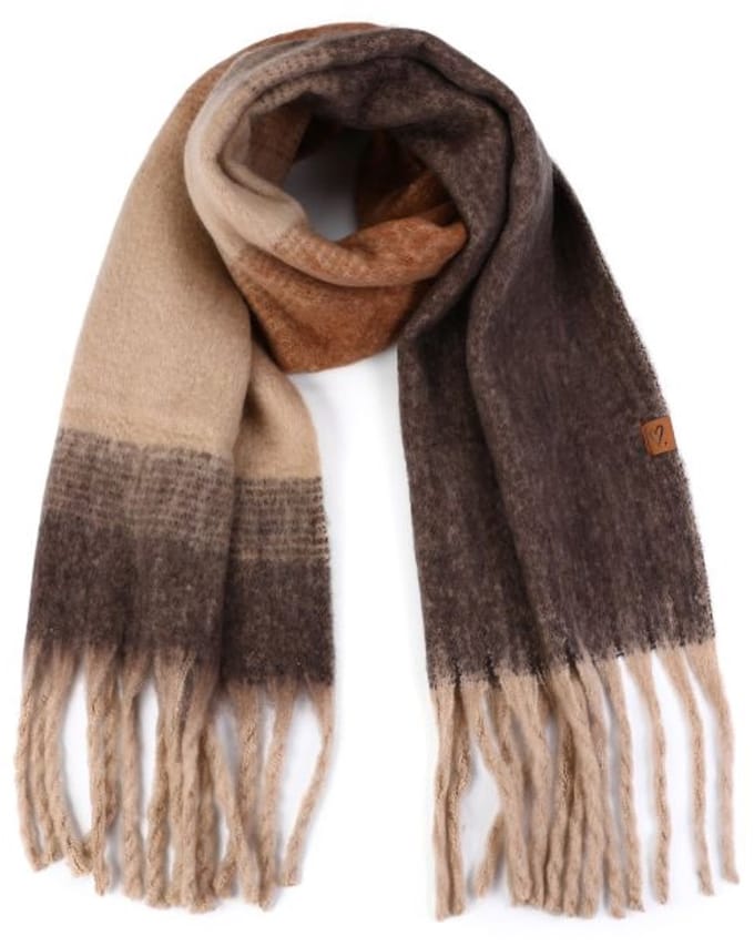 Zachte winter sjaal met ruiten en franjes Camel