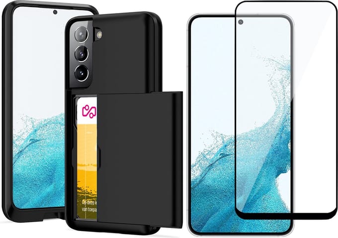Hoesje met Pasjeshouder geschikt voor Samsung Galaxy S22 Plus - Screen Protector FullGuard - Back Cover SlideCase Zwart & Screenprotector