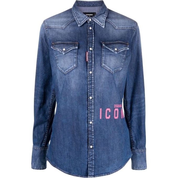Dsquared2 Icon Print Western Denim Blauw Shirt
