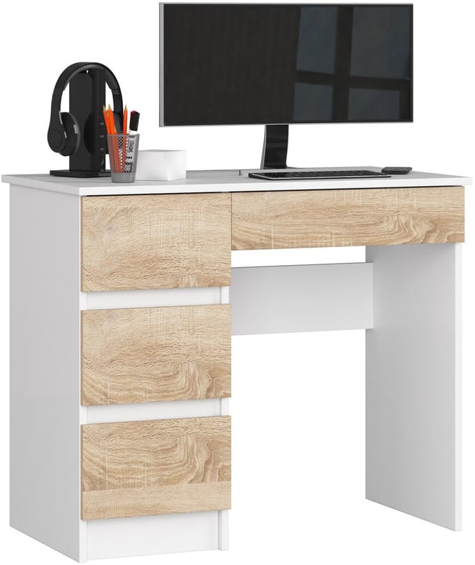Bureau Links A-7 / Computerbureau / Computer Tafel / Bureautafel Links / Wit – Sonoma Eik/ 90 x 77 x 50 cm
