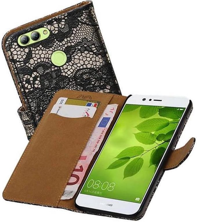 Lace Bookstyle Wallet Case Hoesjes Geschikt voor Huawei Nova 2 Zwart