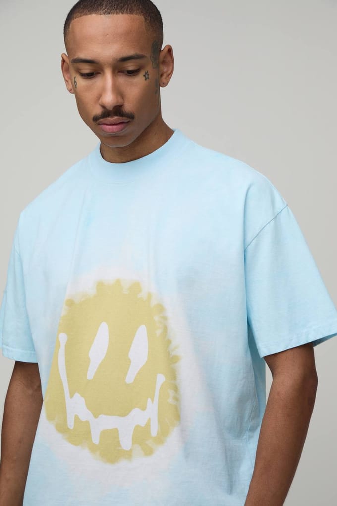 Oversized Tie Dye Smiley Face Print T-Shirt | Blue | Size Large