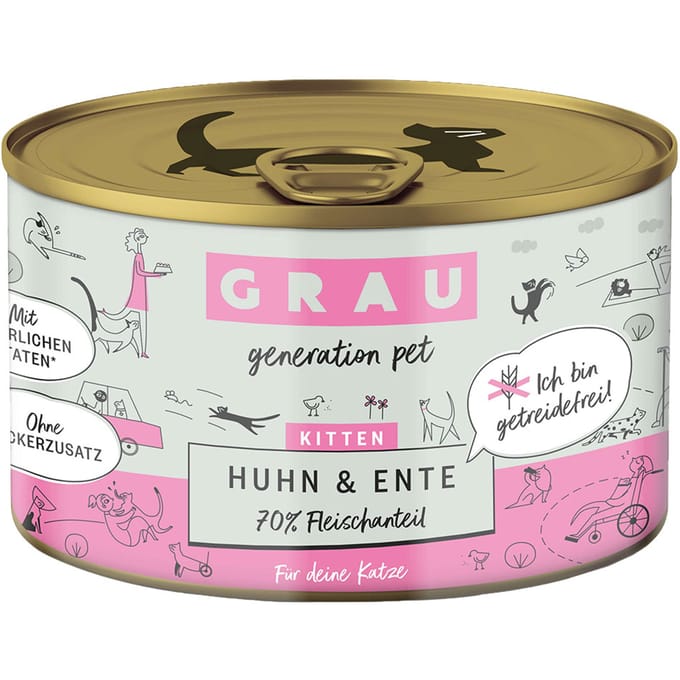6x200g Kitten Kip/Eend Bliksmulpotjes Grau Kattenvoer