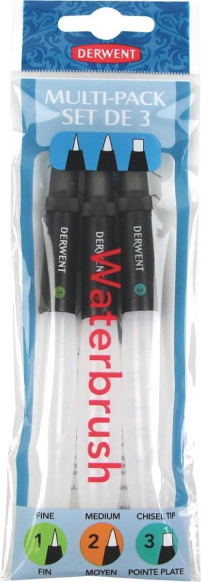 Derwent Waterbrush For Watercolour Painting Pack Of 3 Includes Chisel Tip Fine Tip & Medium Tip