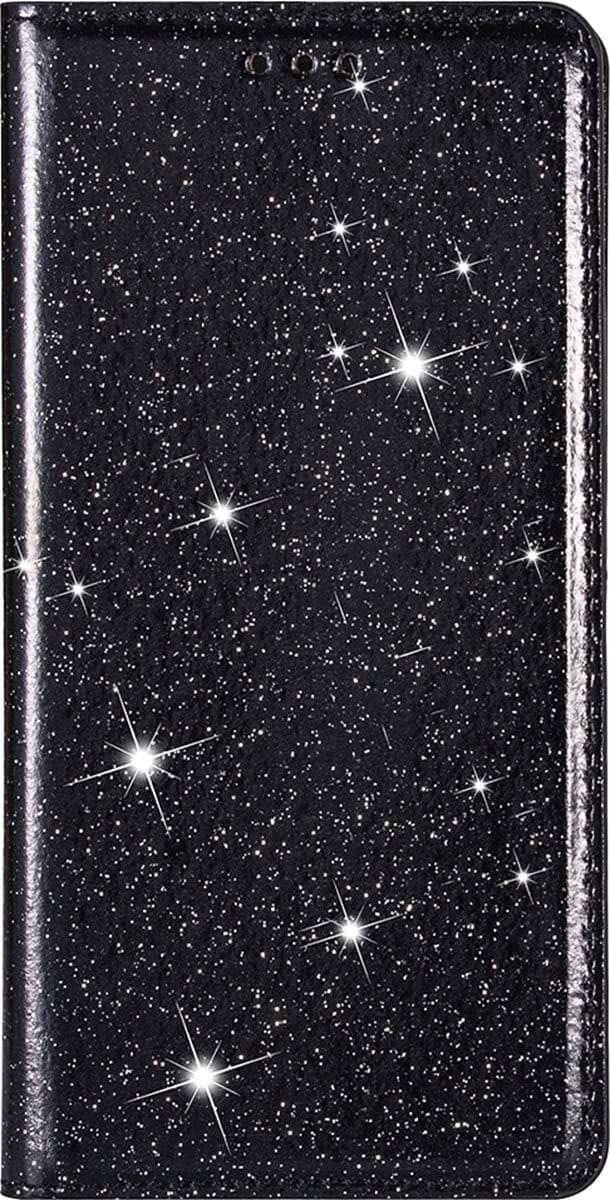 Hoesje geschikt voor iPhone 16 Plus - Bookcase - Pasjeshouder - Portemonnee - Glitter - TPU - Zwart