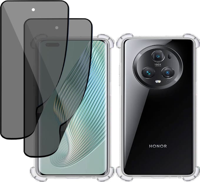 Hoesje + 2x Privé Screenprotector geschikt voor Honor Magic5 Lite – Privacy Tempered Glass - Case Transparant