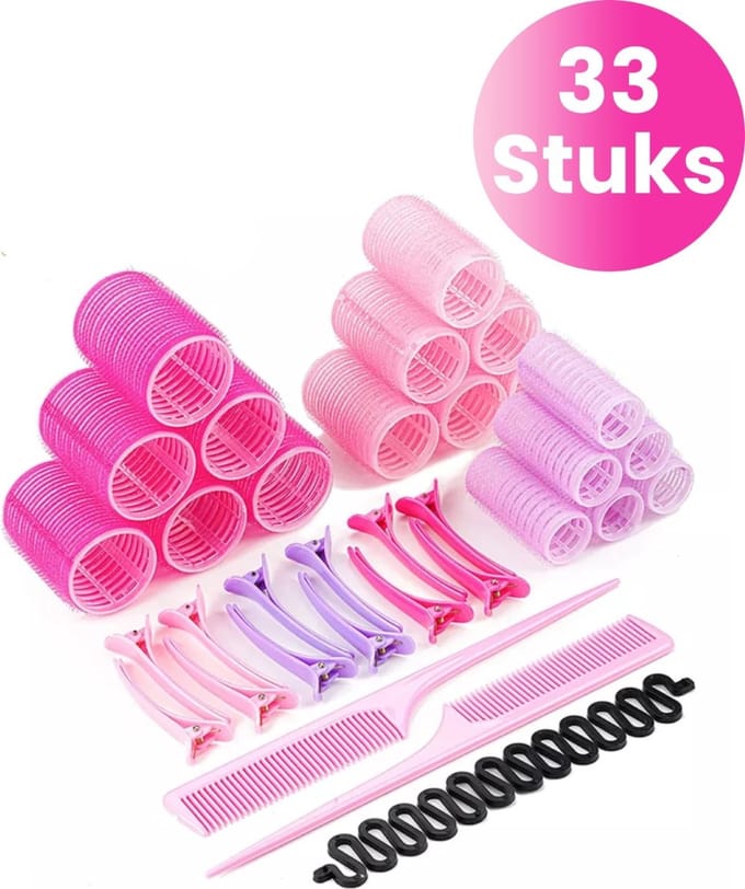Aster Krulspelden Set – Haarrollers - Heatless Curls – Kleefrollers – Krulrollers - Zelfklevend - 3 Maten - 33 stuks