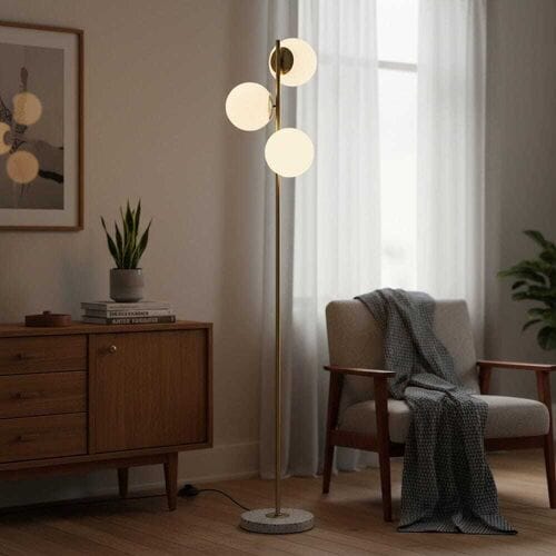 LUSENZ Verano - Staande lamp Goud 150 cm - 3 bollen - Modern design - Woonkamer lamp - Opaalglas - Terrazzo voet -  E14 fitting -  Met voetschakelaar