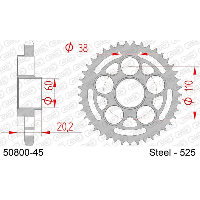 Stalen motortandwiel achteraan Afam 525 45 dents