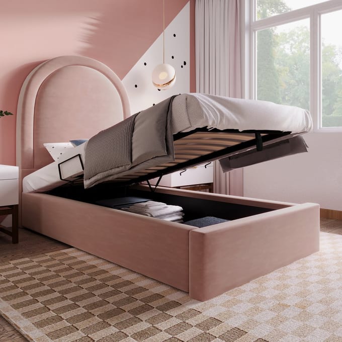 REDOM Opbergbed 90x190 cm – Fluweel – Hydraulisch – Halfrond hoofdbord – Roze – 150 kg