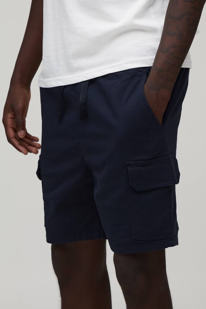 Essentiële Skinny Fit Twill Cargo Shorts Met Middellange Lengte | Navy | Size Medium