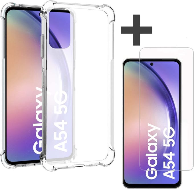 Samsung Galaxy A54 transparant Shockproof hoesje - siliconen backcover Met Screenprotector gehard glas