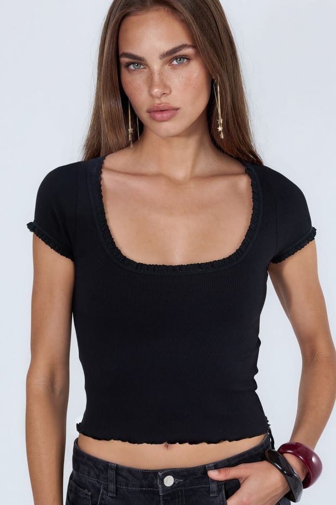 Slim Fit U-Hals Geribde Blouse