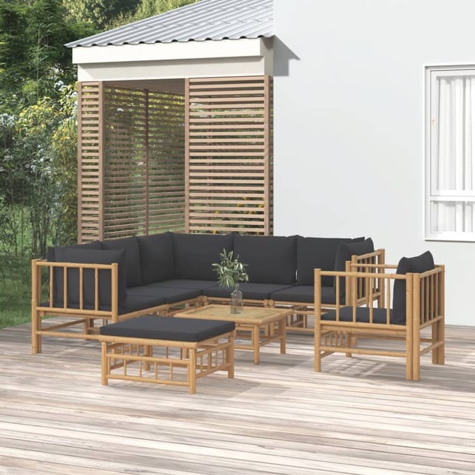 vidaXL - 8-delige - Loungeset - met - kussens - bamboe - donkergrijs