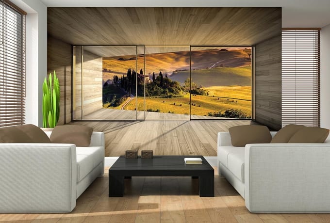 Window Landscape Italian Meadow Hills Photo Wallcovering