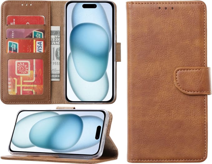 Hoesje geschikt voor iPhone 15 Plus - Bookcase - Pasjeshouder - Kunstleer - Bruin