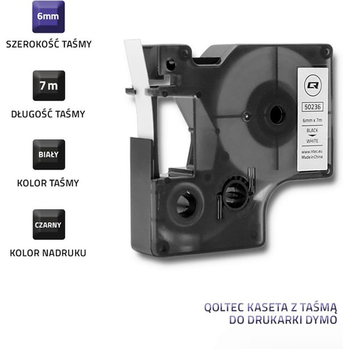Qoltec Tape voor DYMO D1 43613 |   6 mm x 7 m |   Wit/zwarte print