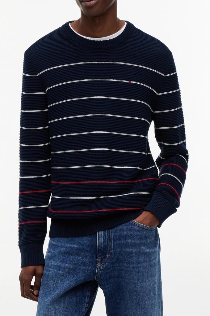 Tommy Hilfiger Slim Stripe Sweater Dark Night Navy Stripe Größe: M | Pullover Outlet | Herren | Schwarz