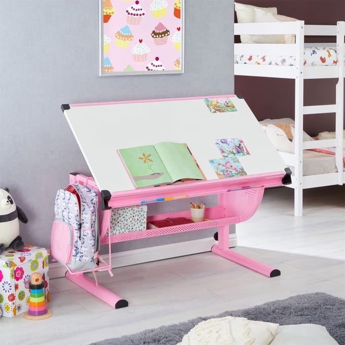 Kinderbureau SARI, kantelbaar en in hoogte verstelbaar, in wit/roze