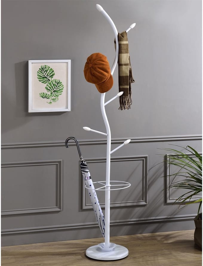 Kledingrek TRIANA met 6 kledinghaken en paraplubak, wit