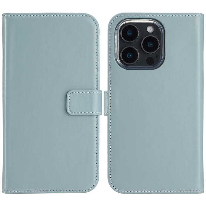 Selencia Hoesje - Geschikt voor Apple iPhone 16 Pro - Echt Lederen Bookcase - Air Blue