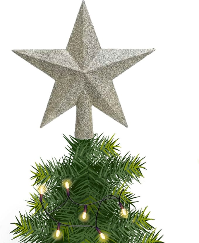Decoris kerstboom piek - 1x - ster vorm - champagne - glitter - 19 cm - kunststof - kerstpiek