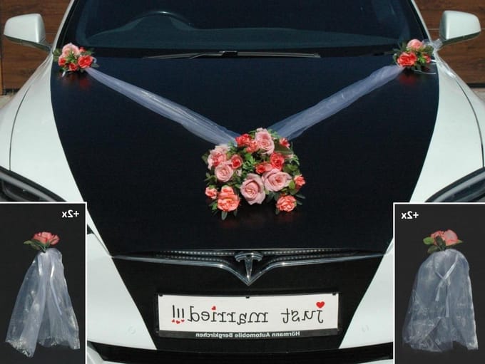 Autobouquet Bruiloft - Autoversiering Rozen - Bruiloft Decoratie - Met Zuignappen - 110 cm Sjerpen - Roze Mix