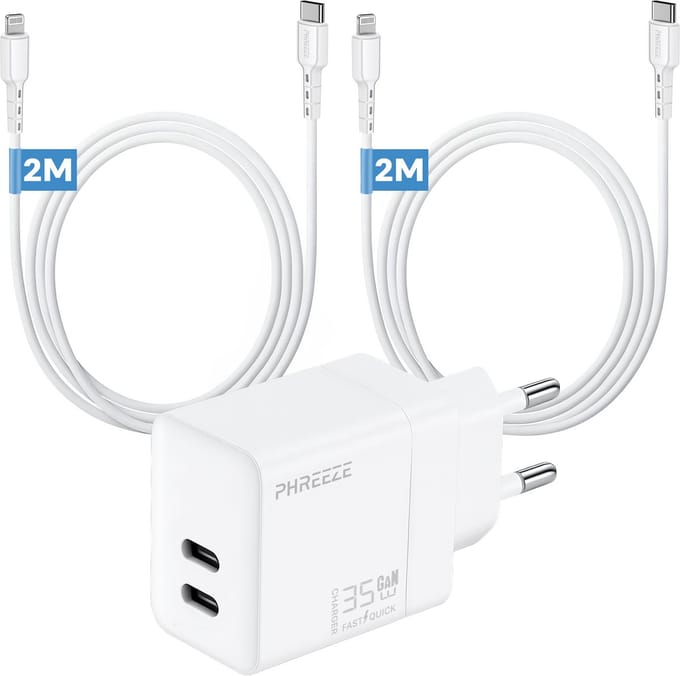 Phreeze usb C adapter - Geschikt voor iPhone en iPad met Lightning kabel - 35w GaN snellader met 2 kabels 2m