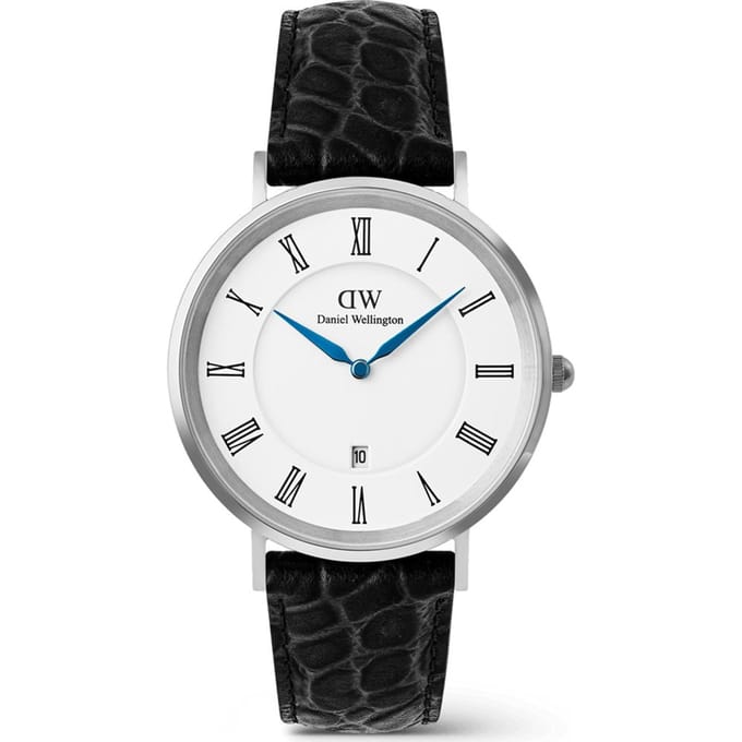 Daniel Wellington DW Watch Classic Roman Numerals Date Black Croc Belly Silver 40mm