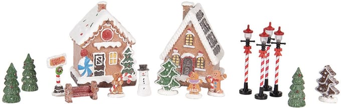 Clayre & Eef Kerstdecoratie met LED-verlichting Gingerbread house (set 17) 9x8x13 cm / 2xAAA Bruin Kunststof