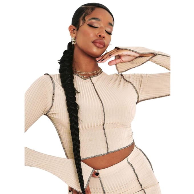 Missy Empire Crop-top voor dames met contrasterende geribde mouwen met split (Steen)