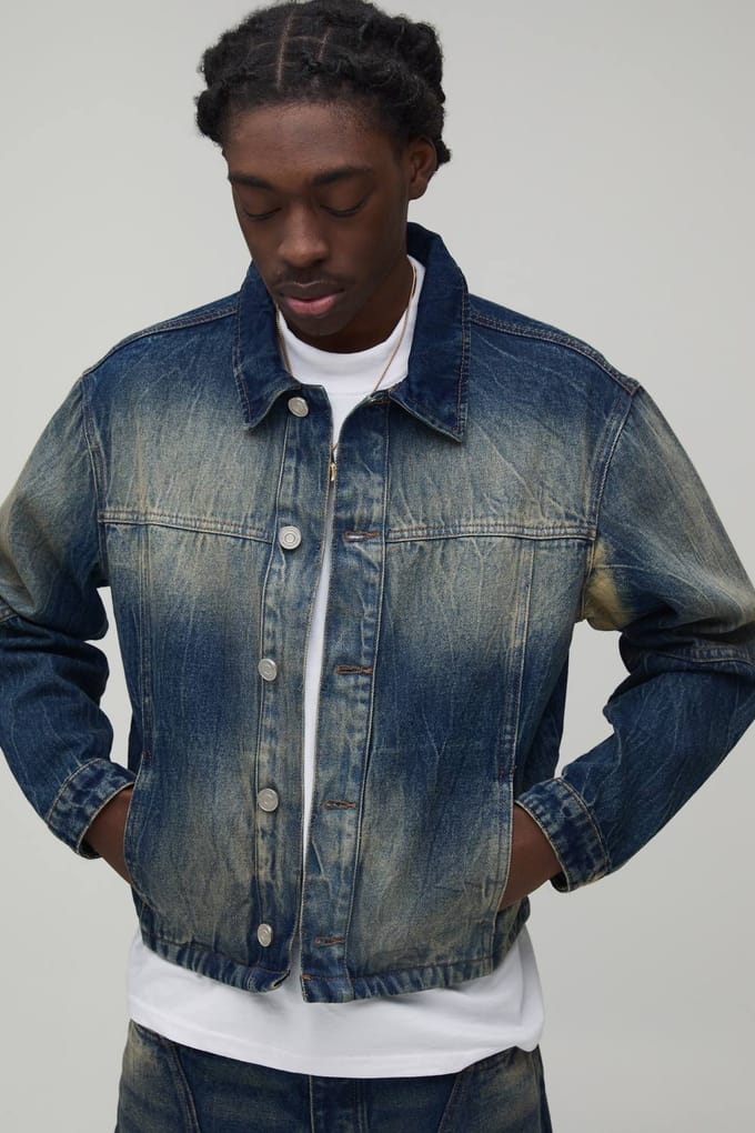 Relaxed Cropped Bleach Washed Panelled Denim Jacket | Antique Wash | Size Large