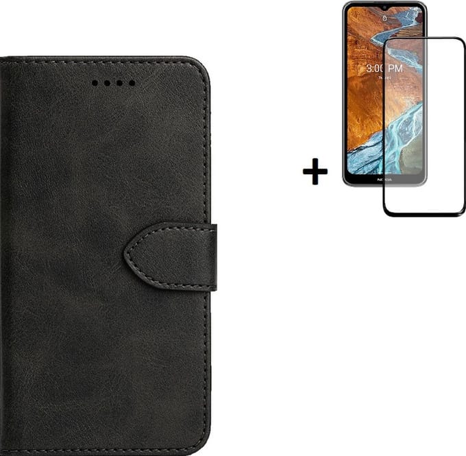 Hoesje Geschikt voor Nokia G300 - Screenprotector Nokia G300 - Wallet Bookcase Zwart + Full Screenprotector