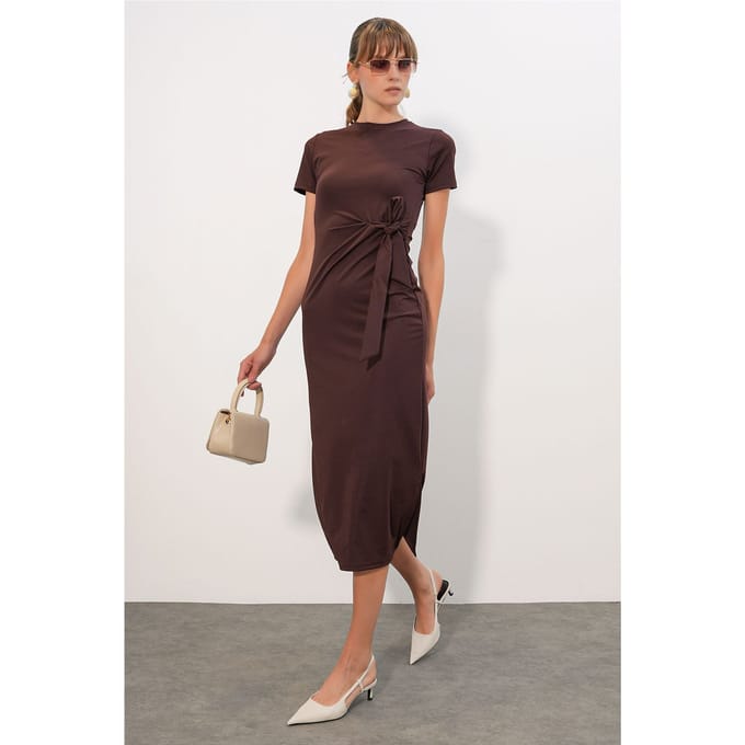 Aansluitend Midi Jersey Jurk Met Strikdetail