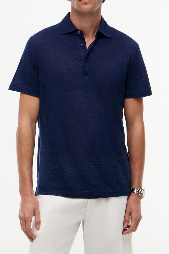 Tommy Hilfiger Dc Spread Collar Linen Polo Navy Iris Größe: M | Poloshirts Outlet | Herren | Weiß