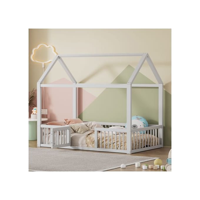 90*200cm Lit en bois massif, Lit double, Lit plat, Lit de maison, Lit de maison avec porte, blanc