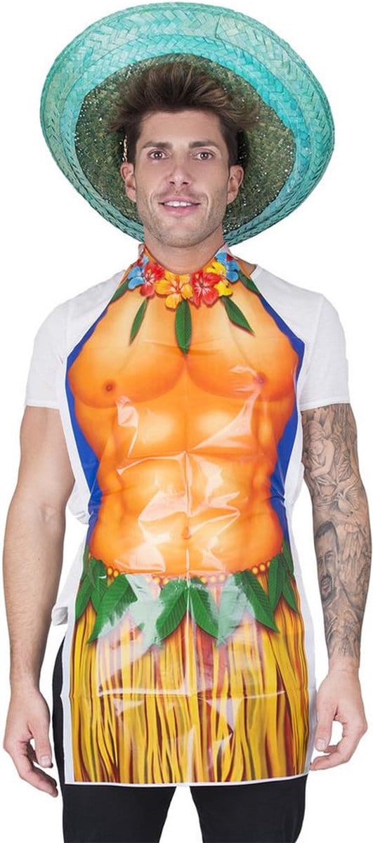 Hawaii thema verkleedkleding schort - gespierde man - one size - BBQ - Tuinfeest - plastic