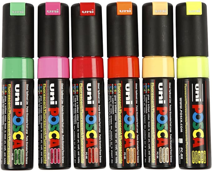 Posca Marker, afm PC-8K, lijndikte 8 mm, breed, semi-dekkend, diverse kleuren, 6 stuk