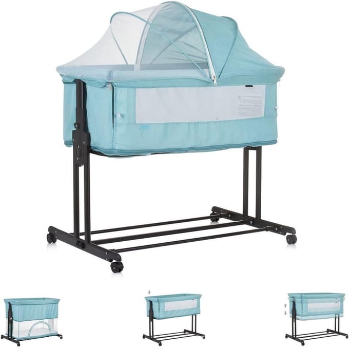 Chipolino Co-sleeper 2-in-1 Zen Playpen muggennet, matras, remwielen, turquoise