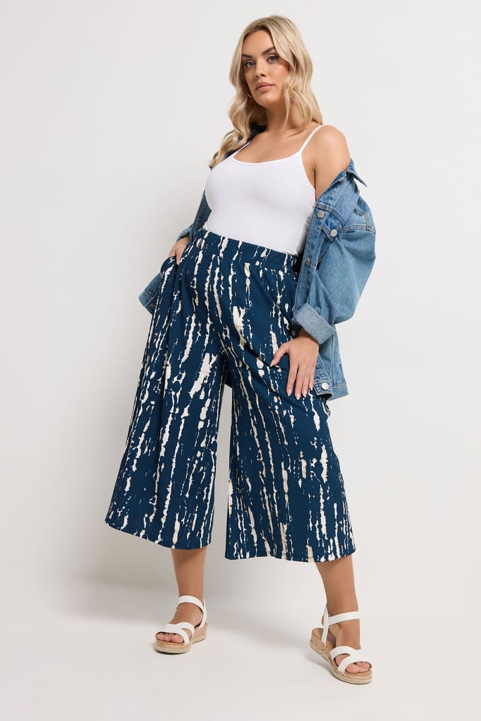 Yours Marineblauwe Abstracte Pullon Broek Met Wijde Pijpen Size 46