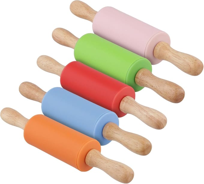 5 stuks deegroller siliconen klein, 23,5 cm deegroller siliconen met houten handvat, mini deegroller kleurrijk voor keuken
