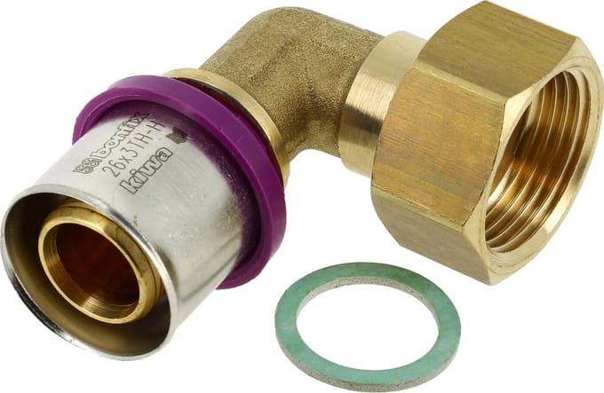 Bonfix Alu-pers - messing perskoppeling / persfitting - bocht / knie met wartelkoppeling binnendraad 26mm x 3/4 FxRp