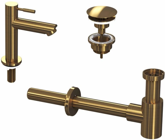 Saqu Stream fonteinkraan laag incl. afvoerplug en sifon brushed mat goud