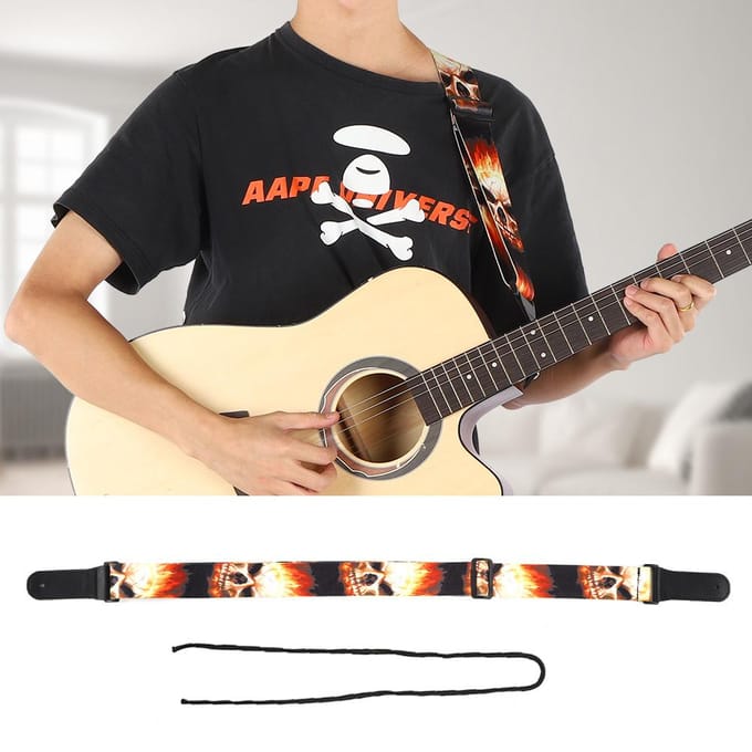 Sangle d'épaule en cuir Pièces de guitare Imprimé type motif flamme-crâne Réglable black
