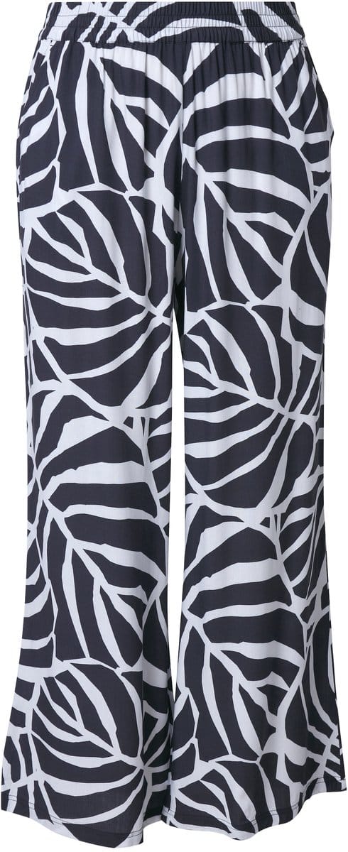 Ulla Popken - Dames - Broek bladeren wijde rechte pijpen elastische tailleband - Marine - Maat 46+