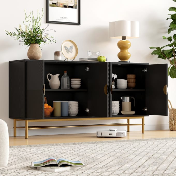 REDOM - Dressoir - 4 Deuren - Reliëfstructuur - Modern - MDF En Spaanplaat - Zwart - 160 X 40 X 82 Cm